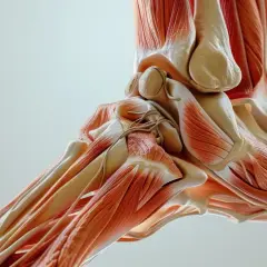 Anatomia stopy z widocznymi mięśniami i kośćmi. W centrum obrazu znajduje się potężne ścięgno Achillesa, łączące mięśnie łydki z piętą.