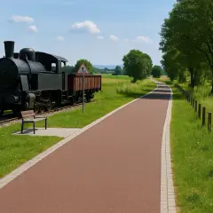 Stary pociąg parowy przyciąga wzrok na żelazny szlak rowerowy. Ścieżka wije się wśród zieleni, zapraszając na przejażdżkę.