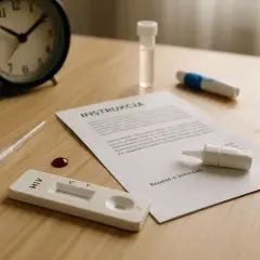 Zestaw do testu HIV, kropla krwi i instrukcja. Czas oczekiwania na wyniki jest kluczowy, by poznać ewentualne hiv objawy.