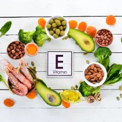Witamina E w otoczeniu zdrowych produktów: krewetki, awokado, orzechy, migdały, brokuły, oliwki, suszone morele i olej.