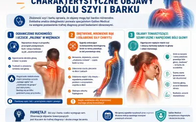 Ból karku i barku: ograniczenie ruchomości, uczucie palenia, drętwienie, mrowienie rąk, bóle głowy, szumy uszne.