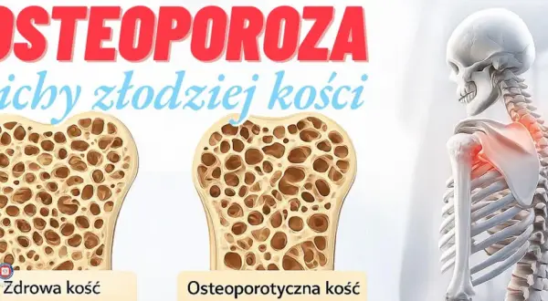 Osteoporoza: porównanie zdrowej i osteoporotycznej kości. Szkielet z zaznaczonym bólem w obrębie barku.