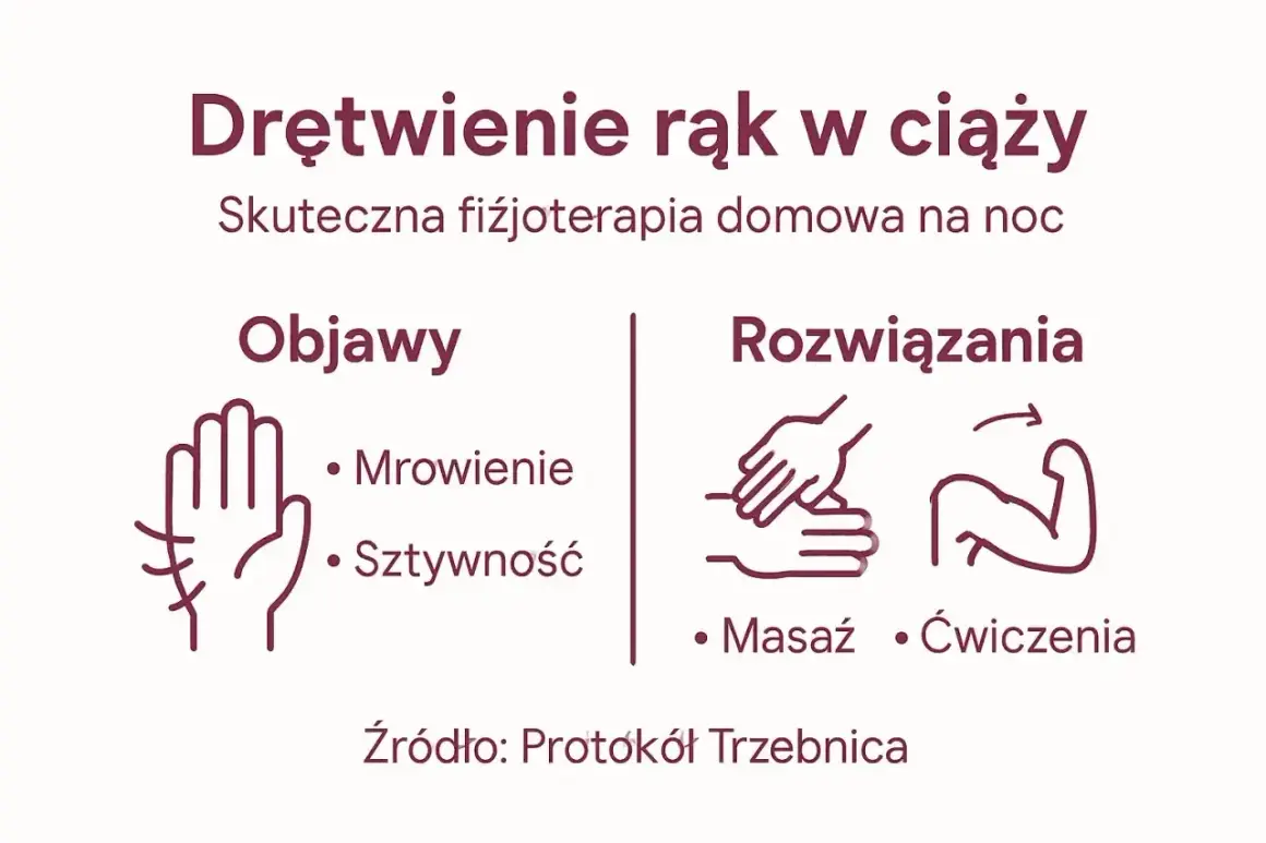 Drętwienie rąk w ciąży: objawy (mrowienie, sztywność) i rozwiązania (masaż, ćwiczenia). Domowa fizjoterapia na noc.