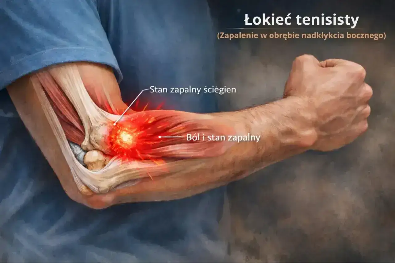 Ilustracja przedstawia łokieć tenisisty, gdzie widać stan zapalny ścięgien i ból w tej okolicy.