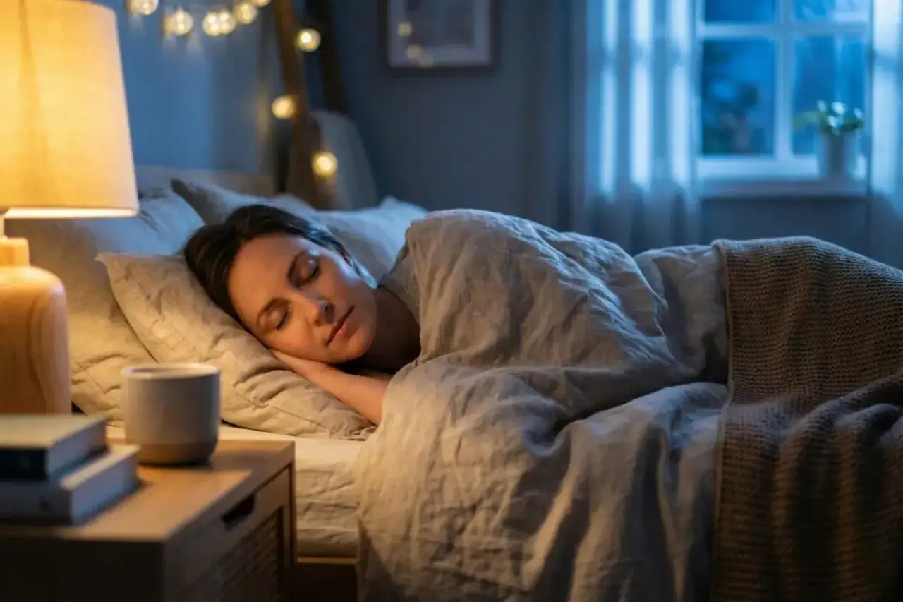 Kobieta śpi spokojnie w przytulnej sypialni, otulona kołdrą. Ciepłe światło lampki nocnej i girlandy tworzą atmosferę sprzyjającą temu, jak szybko zasnąć.