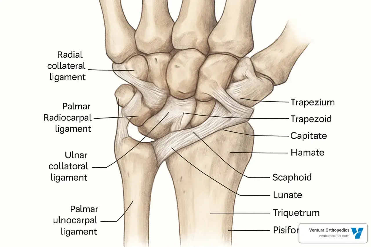 Anatomia nadgarstka z zaznaczonymi więzadłami i kośćmi. Ilustracja pomaga zrozumieć przyczyny bólu nadgarstka.