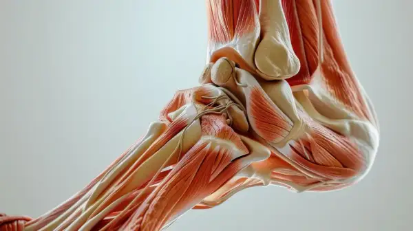 Anatomia stopy z widocznymi mięśniami i kośćmi. W centrum obrazu znajduje się potężne ścięgno Achillesa, łączące mięśnie łydki z piętą.