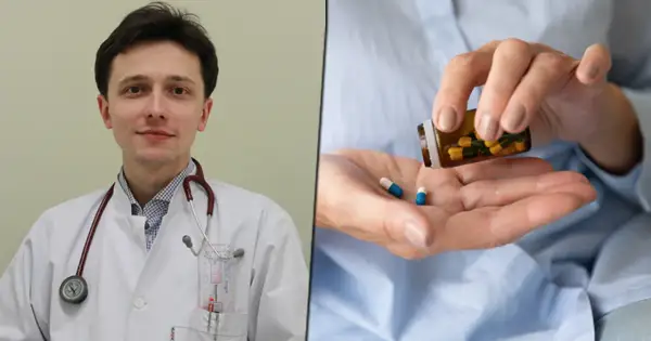 Lekarz w białym kitlu i pacjentka przyjmująca leki. Leczenie wysokiego cholesterolu.