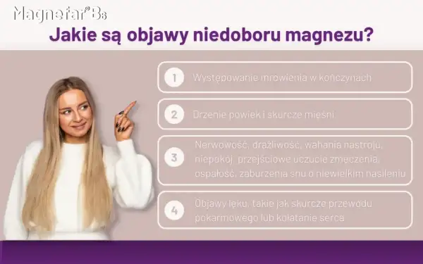 Kobieta wskazuje na listę objawów niedoboru magnezu: mrowienie, drżenie powiek, nerwowość, lęk.