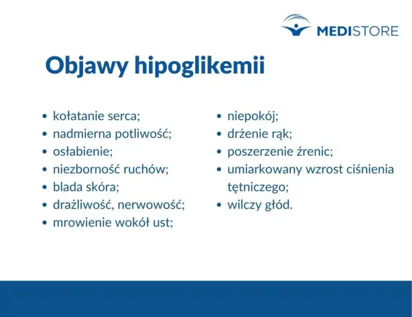 Objawy hipoglikemii: kołatanie serca, potliwość, osłabienie, drżenie rąk, wilczy głód. Spadek cukru objawy mogą być niepokojące.