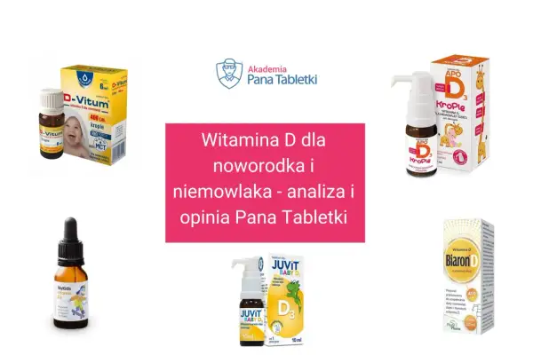 Różne preparaty z witaminą D w kroplach dla niemowląt i dzieci: D-Vitum, APO Krople, MyKids Vitamin D3, Juvit Baby D3, Biaron D.
